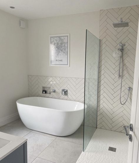 Small Bathroom With Bath And Shower And Toilet, Small Bathroom Idea With Bathtub, Bath And Shower On Same Wall, Family Bathrooms With Bath, Neutral Bathroom Free Standing Bath, Bath Next To Shower Ideas, Freestanding Bathtub And Shower Layout, Free Standing Bath And Shower Ideas, Small Freestanding Tub Shower Combo