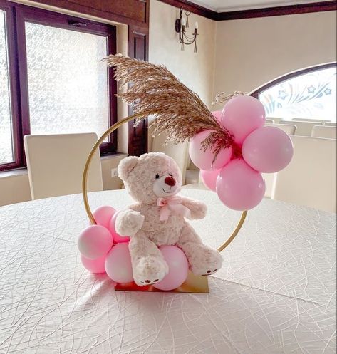 Teddy Bear Floral Centerpieces, Teddy Decoration Ideas, Pink Teddy Bear Centerpieces, Balloon Bear Centerpiece, Bear Center Piece For Baby Shower Girl, Teddy Bear Baby Shower Theme Girl Centerpiece, Bear Centerpiece Ideas Diy, Bear Theme Baby Shower Girl, Bear Themed Baby Shower Ideas Girl