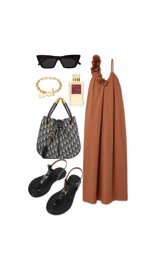 Trendy summer style 2024, summer outfit ideas, vacation style 2024, brown dress, black sandals , trendy shoes Brown Sundress Outfit, Brown Sandals Outfit, 2024 Brown, Brown Sundress, Outfit Ideas Vacation, Clothes 2000s, Sundress Outfit, Sunday Outfit, Brown Clutch