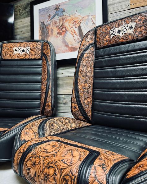 Custom Leather Truck Interior, Head Liner Ideas For Trucks, Custom Upholstery Cars Interiors, Truck Interior Accessories Western, Cow Print Truck Interior, Tooled Leather Steering Wheel Cover, Tooled Leather Truck Interior, Truck Decorations Interior Western, Interior Truck Ideas