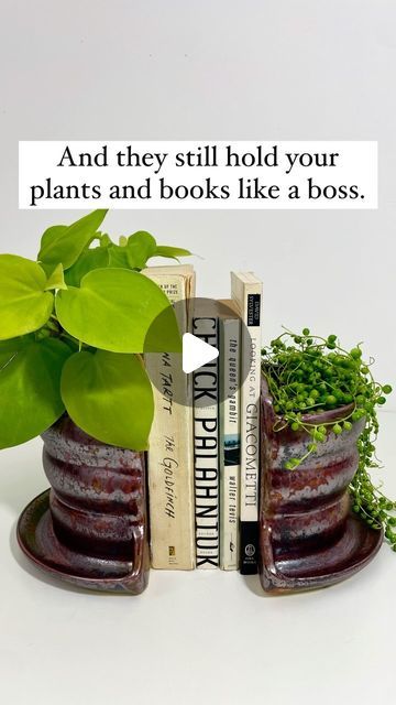 Nicole M Curcio on Instagram: "Another peek at the newest version of my Plant Shelfie Bookends- extra curvy edition! . New glaze is Mars Crystal from @amacobrent and I want to glaze everything like this! . Do you like the curvy bookends or the original style better? I would love to hear your thoughts. . . #plantsandbooks #booksandplants #bookends #plantshelfie #plantshelfiebookends" Hand Built Pottery Bookends, Plant Bookends, Bookend Planters, Planter Bookends, Ceramic Bookends Ideas, Pottery Bookends, Air Dry Clay Bookends, Clay Bookends, Ceramic Bookends