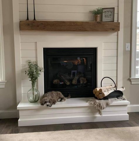 Redo Wood Fireplace, Fireplace Makeover With Bench, Gas Fireplace Addition, Farmhouse Fireplaces And Mantels, Wood Burning Fireplace Ideas Farmhouse, Small Farmhouse Fireplace, Farmhouse Framed Windows, Wood Hearth And Mantle, Farmhouse Fireplace With Hearth