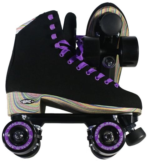 Black, suede boots with a colorful wooden heel. Includes aluminum plates and hybrid indoor/outdoor wheels. The purple laces and wheels contrast beautifully with the black boots. Go down a size for best fit. Features: Classic ¾ cut boot roller skate Trailblazer PU wheels 62mm 82A hardness Upper lining for comfort while skating Lightweight aluminum plates with PU casted high rebound cushions to help maneuverability and control while skating Lace hooks for superior ankle support ABEC-7 8mm precisio Roller Derby Costume, Black Roller Skates, Pink Roller Skates, Skate 4, Roller Skating Outfits, Quad Roller Skates, Goth Shoes, Quad Skates, Skate Girl