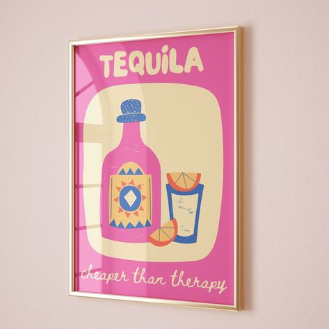 Tequila Print Art, Tequila Poster, Tequila Art, Drinks Cupboard, Bottle Of Tequila, Happy Hour Print, Therapy Poster, Yellow Poster, Fun Art Print