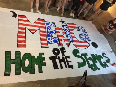 Game theme was America so we said "'Mercia. Home of the Stangs" Usa Football Poster Ideas, Usa Football Theme Poster, Football Fence Signs, Usa Student Section Signs, Fnl Sign Ideas, Usa Themed Football Game Posters, Usa Theme Football Game Signs, Game Day Signs Football High School, Usa Pep Rally