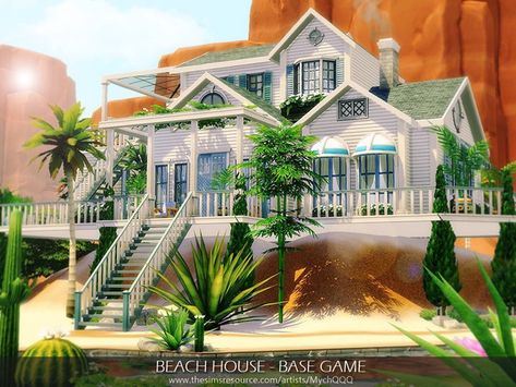 Sims 4 Beach House Base Game, White Penthouse, Sims 4 Beach House, Sims4 House, Raised House, The Sims 4 Lots, Sims Houses, Sims Ideas, Tuscan Villa