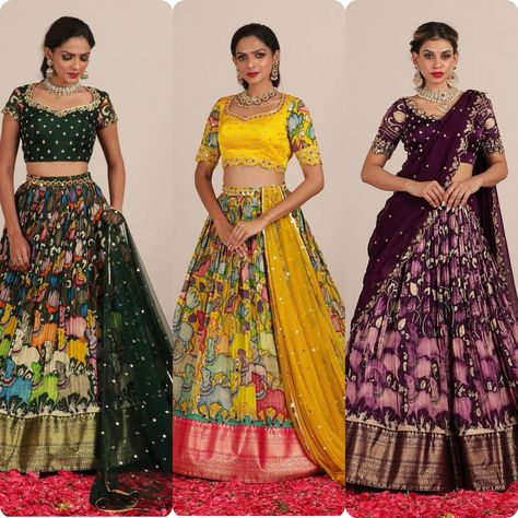 Product Code PC-273 Launching Kalamkari Lehenga Choli 👗 Choli👗 Fabric:- Chinon Inner:- Micro Cotton Work:- Kalamkari Print Size:- M Upto L Margin XL upto 2xl Margin (Fully Stitched) 👗Lehenga👗 Fabric:- Chinon *Inner:- * Micro Cotton Work:- Kalamkari Print Flair:- 3 Meter 👗Dupatta👗 Fabric:- Net Work:- Moti Work Lace Border Size:- 2.30 Meter 👉Rate:-1230/-👈 💕One Level Up💕 👌A one Quality 👌 Kerala Half Saree, Indian Half Saree, Kalamkari Lehenga, Pink Half Sarees, Silk Half Saree, Saree Function, Basic Anatomy, Half Saree Function, Langa Voni