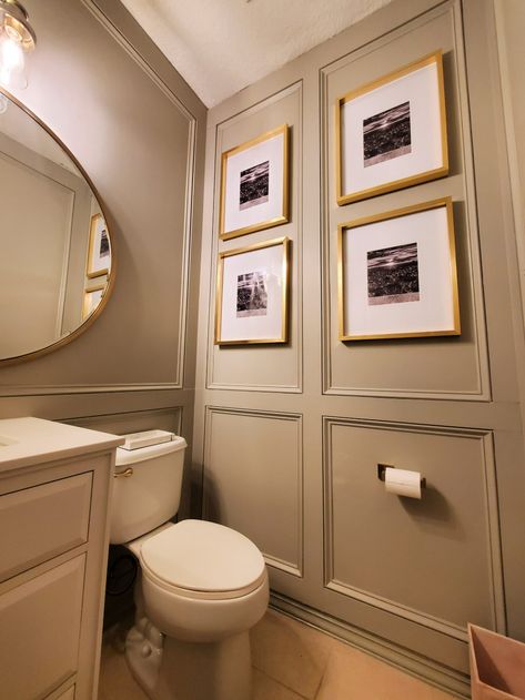 Powder Room With Closet, Wall Molding Bathroom Half Baths, Paneling In Powder Room, Powder Bath Molding, Box Molding Powder Room, Powder Bath Wainscoting, Wall Decor Powder Room, Powder Room Wall Molding, Powder Room Wall Trim