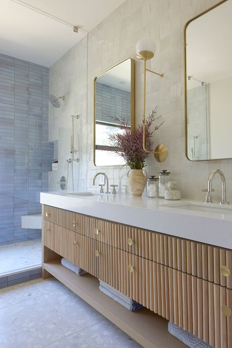 Brentwood | Natalie Myers Reeded Wood, Tile Selection, Gold Framed Mirror, Home Decoration Ideas, Bathroom Inspiration Decor, Wood Vanity, Bathroom Renos, Bathroom Tile, Stone Countertops