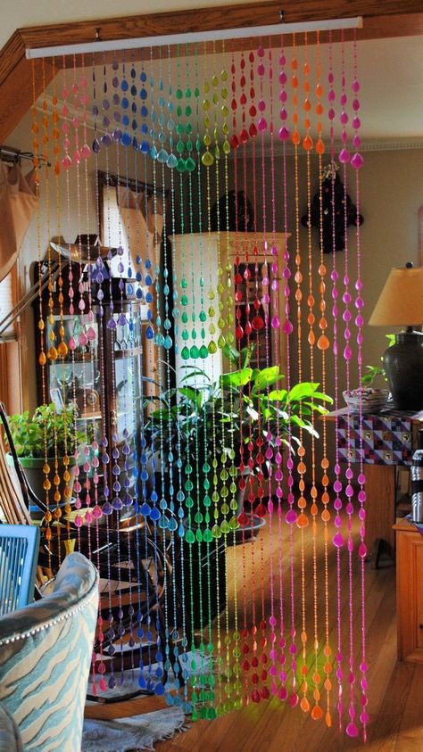 Doorway Beads, 70s Bedroom, Beaded Door, Bead Curtains, Beaded Door Curtains, Curtain Art, Colorful Chandelier, Bead Curtain, 70s Bohemian