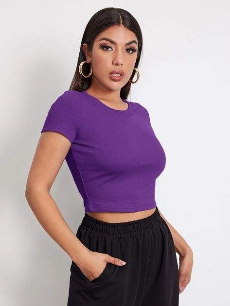 SHEIN Rib-knit Crop Top | SHEIN USA Blue Top Outfit, Royal Blue Crop Top, Top Azul, Oufits Casual, Print Embroidery, Crop Top Tees, Blue Crop Tops, Crop Top Outfits, Cropped Tops