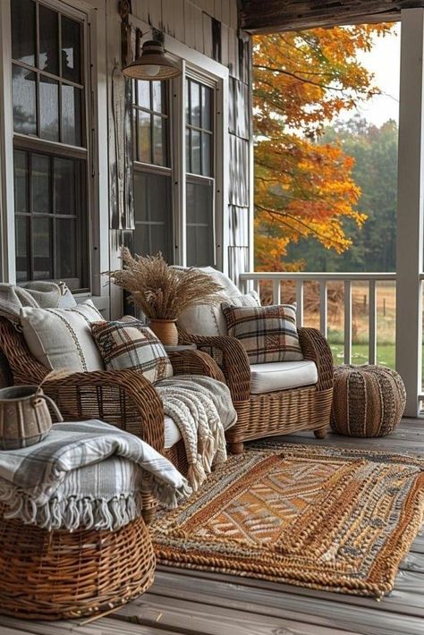 Small Side Porch Decorating Ideas, Wrap Around Porch Furniture, Covered Porch Furniture Ideas, Porch Decorations For Fall, Fall Exterior Decor, Cozy Fall Porch, Lake Porch, Log Cabin Porch, Cottage Front Porch