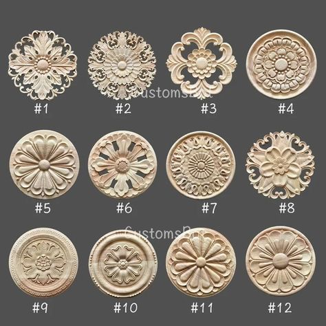 Dia. 6cm to 22cm Round Applique Onlay 1pc Custom on Request - Etsy Wood Embellishments, Wood Rosettes, Carved Rosettes, Antique Wardrobe, Furniture Appliques, Wood Appliques, Carved Furniture, Color Spray, Ornate Furniture