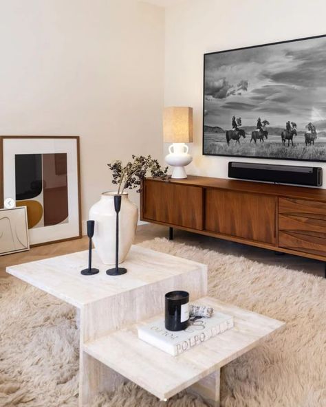 Our Oskar TV-dresser fits every living room 😍 We love this combination with travertine! How would you combine our Oskar dresser in walnut?  #dressoirwalnoot #dressoir #woonkamer #furnified #interieurinspiratie Tv Dresser, Retro Sideboard, Hide Cables, Tv Vintage, Cabinet Style, Table Tv, Mobile Tv, Vintage Tv, Cabinet Drawers