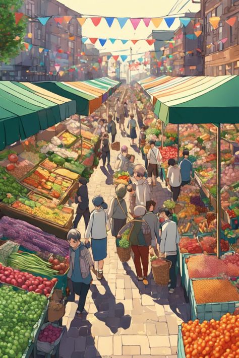 Farmers Market Bustle Check more at https://paintlyx.com/farmers-market-bustle/ Fantasy Market Art, Local Market Aesthetic, Market Place Drawing, Summer Farmers Market Aesthetic, Farmers Market Drawing, Marketplace Illustration, Farmers Market Illustration, Market Concept Art, Farmers Market Design