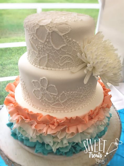 Coral And Teal Wedding, Turquoise Wedding Cake, Teal Wedding Cake, Summer Catch, Coral And Teal, Handmade Cake, Teal Wedding, Turquoise Wedding, Cascade Bouquet