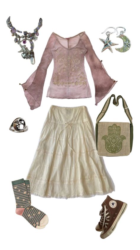 fairycore outfit, boho hippie outfit, coquette outfit, maxi skirt, sun and moon celestial jewelry Celestial Fairy, Coquette Outfit, Fairy Outfit, Downtown Outfits, Funky Outfits, Swaggy Outfits, Feminine Outfit, Really Cute Outfits, Lookbook Outfits