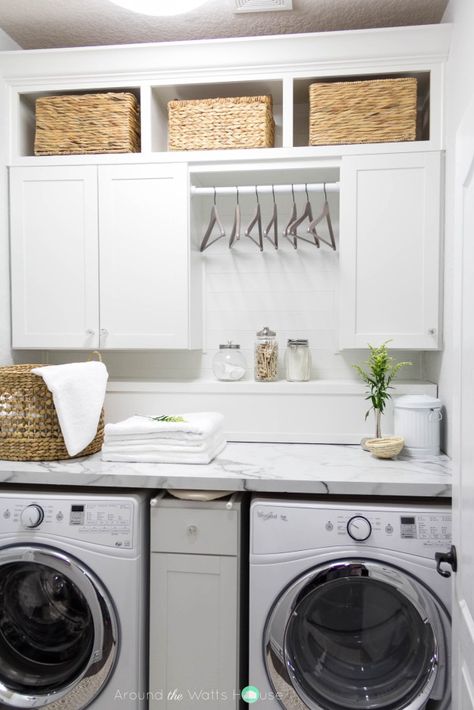 Laundry Room-Laundry Room Makeover-One Room Challenge-Fall 2015-Around the Watts House Laundry Room Storage Shelves, White Laundry Rooms, Small Laundry Room Organization, Room Storage Diy, Laundry Ideas, Basement Laundry Room, Basement Laundry, White Laundry, Laundry Room Cabinets