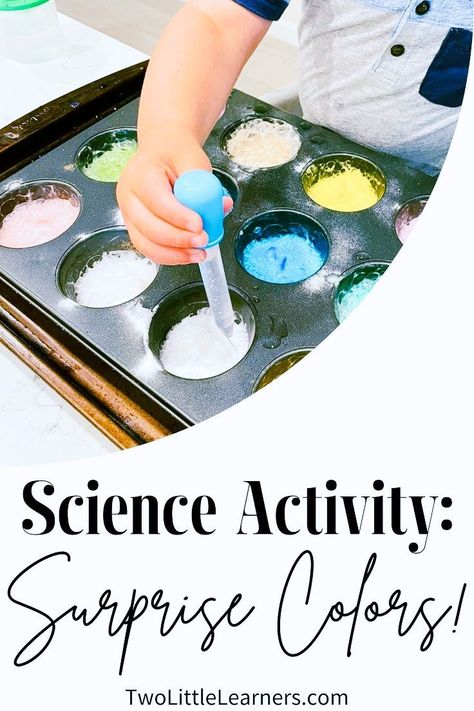 This post is all about an easy science experiment for kids. Read all about this baking soda and vinegar experiment which is a perfect preschool science activity. Learn more about STEM color activities, color science experiments, and color activities for toddlers at twolittlelearners.com Eyedropper Activities, Science For 3 Yrs Old, Color Stem Activities, Eye Dropper Activities For Kids, Easy Science Experiments For Toddlers, Color Sensory Activities, Mixing Activities For Toddlers, Science Experiments Toddlers, Pre K Science Experiments