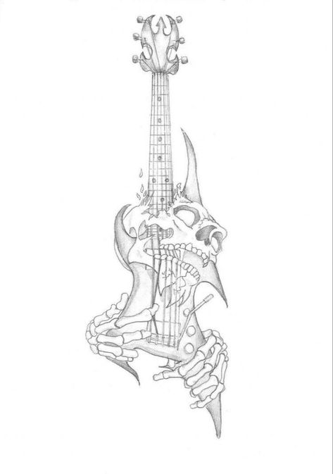 Cool Guitar Drawings, Music Inspired Drawings, Guitar Tattoo Ideas, Music Guitar Tattoo, Guitar Sketch, Skull Guitar, Guitar Tattoo Design, Guitar Drawing, Guitar Tattoo