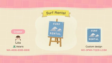 lou 🌙 on Twitter: "#ACNHDesign #ACNH #AnimalCrossing Bike rental and surf rental signs for your island! ✨… " Hobby Journal, Acnh Beach, Acnl Paths, Cottagecore Animal Crossing, Ac Codes, Acnh Patterns, Animal Crossing Funny, Crossing Sign, Acnh Design