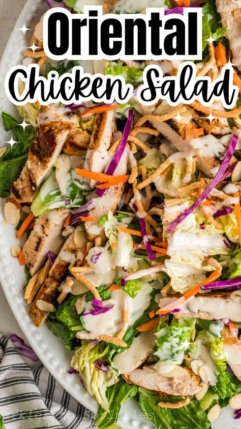 If you’re a fan of Applebee’s Oriental Chicken Salad, you’re going to love our Oriental Chicken Salad! This homemade version of the restaurant favorite is not only delicious but also surprisingly easy to whip up in your own kitchen. Chicken Salad With Ramen Noodles, Applebees Chicken Salad, Cob Chicken Salad, Salad With Grilled Chicken Recipes, Clean Chicken Salad Recipes, Fall Chicken Salad, Easy Grilled Chicken Salad, Applebees Orientalist Chicken Salad, Chicken Salad Dressing