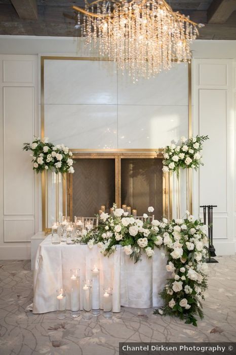 Sweetheart Table Cascading Flowers, White Flower Sweetheart Table, Main Table Wedding Decoration Elegant, White Roses Wedding Decoration, Main Table Wedding Decoration, White Roses With Greenery, Bridal Table Flowers Arrangements, Bridal Table Flowers, Main Table Wedding