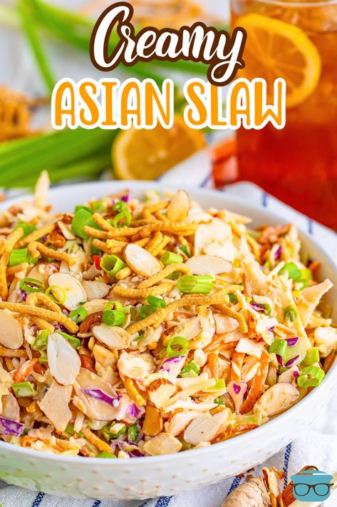 Chinese Cole Slaw Recipe Asian Coleslaw, Creamy Asian Slaw, Asian Slaw Dressing Recipe, Angel Hair Slaw Recipes, Creamy Asian Dressing, Creamy Asian Salad Dressing, Cookout Salads, Asian Slaw Dressing, Mustard Slaw