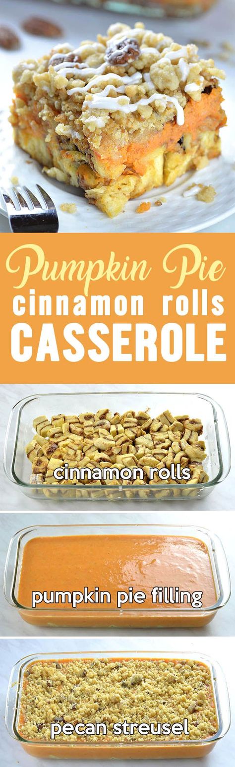 Pumpkin Pie Cinnamon Roll Casserole would be great as special, festive breakfast or brunch for Thanksgiving or Christmas, too. Cinnamon Roll Casserole, Weight Watcher Desserts, Diy Easy Recipes, Pumpkin Desserts, Everything Pumpkin, Pumpkin Everything, Oreo Dessert, Pumpkin Pumpkin, Low Carb Dessert