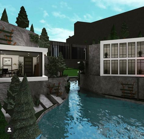 Cool Modern House Exterior, Bloxburg Hotel Ideas Exterior, Bloxburg Cliffside House, Bloxburg Jungle House, Bloxburg Hill House, Modern House Design Bloxburg, Bloxburg Mountain, Bloxburg Mountain House, Modern Bloxburg House Ideas Exterior