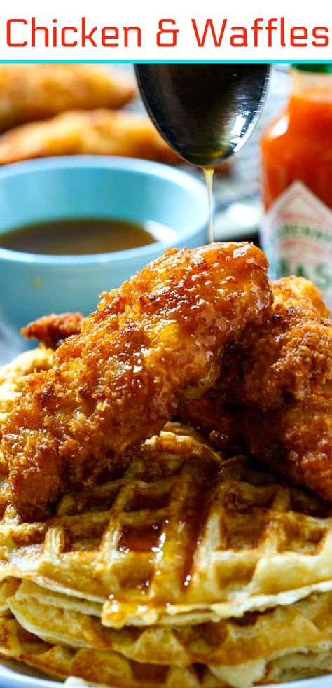 These Chicken and Waffles are drizzled with a TABASCO Maple Syrup for a spicy kick. Spicy Chicken And Waffles Recipe, Cornmeal Waffles, Chicken N Waffles, Spicy Southern Kitchen, Fried Chicken And Waffles, Southern Kitchen, Comfort Food Southern, Chicken And Waffles, Jambalaya