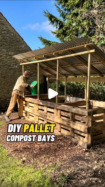 Jamie Walton | Nettles & Petals on Instagram: "DIY Compost Bays using Pallets 🌱  A good composting system is the heart of the vegetable garden, creating nutrient rich compost to mulch the garden and feed the soil. 🪱  I decided to make the compost bays for the new garden using pallets as they are cheap, or free, and generally easy to access.   The section of the new garden I chose for the bays had been neglected for a number of years, so was really overgrown with ivy and holly. 🌿  It took me a while, but I eventually cleared the area and then levelled it off ready for the pallets. 😅  For garden use opt for heat treated (HT) and stay away from any which have (MB) printed on them, which means they’ve been treated in a harsh pesticide called Methyl Bromide.   Once the main structure was fi Compost Pallet, Garden Using Pallets, Composter Diy, Desert Farming, Allotment Ideas Inspiration, Compost Area, Pallet Compost, Leaf Compost, Composting System