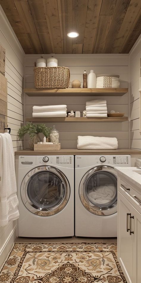 House Decor For Apartments, Inside Home Ideas, Laundry Room With Washer And Dryer On Opposite Walls, House Design Laundry Room, Easy Home Remodel, Laundry Room Side By Side Washer Dryer, Home Decor Ideas For Small Homes, House Interior Laundry Room, Laundry Room With Wood Countertops