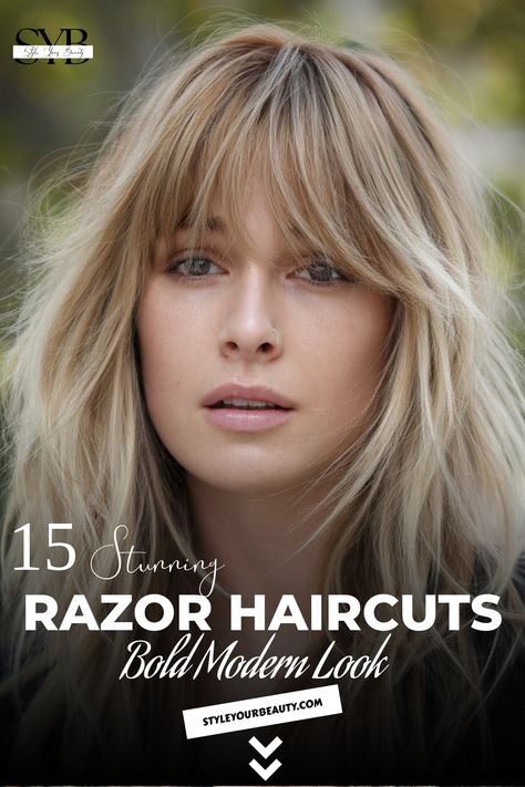 Feathered razor cut bangs for a soft yet bold modern look. Razor Cut Shag Haircut, Razor Bangs, Razor Cut Bangs, Razor Cut Shag, Razor Cut Bob, Razored Haircuts, Cut Bangs, Edgy Pixie Cuts, Curly Pixie Cuts