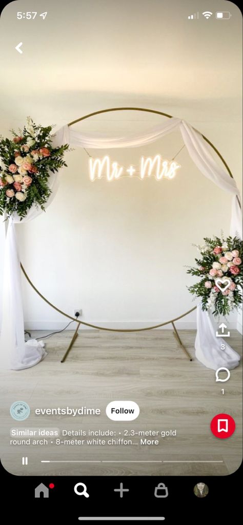 Gold hoop behind bride and groom table with drapery and hanging sign. Behind Bride And Groom Table, Bride And Groom Table, Grooms Table, Diy Wedding Backdrop, Romance Wedding, Wedding Tables, White Chiffon, Wedding Backdrop, Gold Hoop