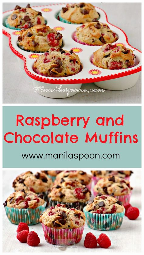 Fresh raspberries provide a fruity, sweet-tangy contrast to chocolate in these more-ish, moist and totally scrumptious muffins! Great for breakfast or anytime you feel like snacking. #raspberry #chocolate #muffins Raspberry Chocolate Chip Muffins, Coffee Muffins, Raspberry Chocolate Chip, Donut Muffins, Raspberry Muffins, Berry Muffins, Raspberry Chocolate, Raspberry Recipes, Muffin Man