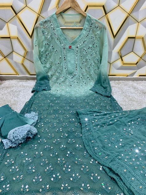 ✨ *SHADED FANCY SET*✨ 👉🌟🌟Semi Georgette kurti with mirror work set ♥️Fabric= Georgette ♥️Kurti length = 46 above ♥️Sizes = 38 to 46 Paired with free size Georgette sharara and dupatta 👌 💐🎉Price = 2050 rupees only rupees only 💐👌+shipping⁰⁵c15 Mirror Work Sharara Suit, Kurti With Mirror Work, Mirror Work Sharara, Mirror Work Suit, Georgette Sharara, Professional Outfit, Fancy Shirt, Casual Indian Fashion, Sharara Suit