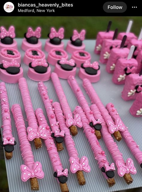 Minnie Mouse Birthday Candy Table, Minnie Mouse Cakesicles Ideas, Minnie Mouse Desserts Table, Minnie Dessert Table, Minnie Mouse Baby Shower Dessert Table, Minnie Mouse Pretzel Sticks, Mini Mouse Cake Pops Ideas, Disney Theme Dessert Table, Oh Twodles Goodie Bags