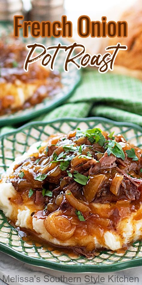 This rich and flavorful French Onion Pot Roast simmers in the oven in a robust french onion jus until it's tender and succulent. #potroastrecipes #easybeefrecipes #chuckroast #frenchonionsoup #frenchonionpotroast #sundaysupper #braisedbeef #beefrecipes #braisedpotroast #ovenbraisedroast Crockpot French Onion Pot Roast, Rump Roast Crock Pot Recipes French Onion, French Onion Pork Roast, Slow Cooker French Onion Pot Roast, French Onion Pot Roast Dutch Oven, Pot Roast With French Onion Soup, French Onion Roast Crock Pot, French Onion Pot Roast Crockpot, Pot Roast Crock Pot Recipes Onion Soup