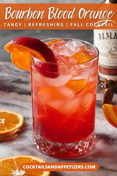 Easy to make with just 3 ingredients, this simple Blood Orange Bourbon is a tangy and refreshing cocktail.  The perfect balance of sweet and sour with a touch of boozy, this blood orange bourbon with a touch of fizz is the perfect Fall cocktail. A holiday drink recipe your guests will love at Thanksgiving and through the Christmas holidays. Sweet Bourbon Drinks, Blood Orange Recipes Drinks, Fall Bourbon Drinks Cocktail Recipes, Bourbon And Cider Cocktail, Holiday Cocktails Thanksgiving, Fall Whiskey Cocktails, Fall Mixed Drinks, Smoked Maple Bourbon Cocktail, Spiced Bourbon Cocktail