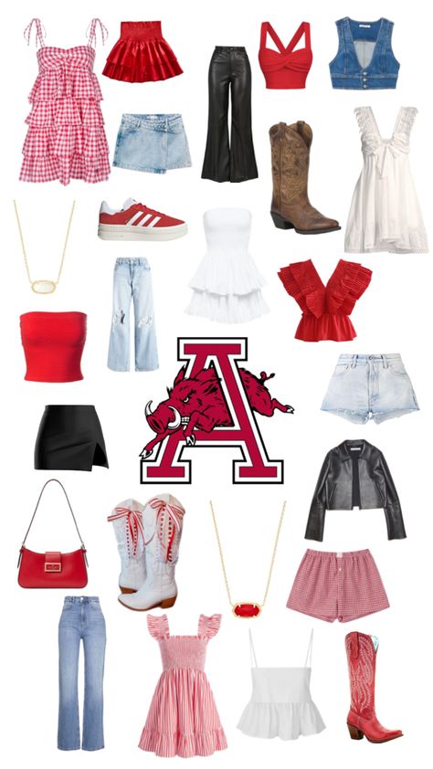 Red shirt, denim, denim skirt, jeans, white dress, red dress, game day insp Fall Game Day Outfit College, Bama Gameday Outfit, Arkansas Game Day, Bama Gameday, College Gameday Outfits, Rush Outfits, College Game Days, Football Game Outfit, College Fits