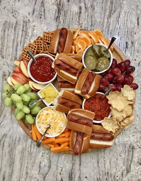 Hot Dog Board by The BakerMama Hot Dog Board, Baked Apple Fritters, Delicious French Toast, Charcuterie Cheese, Snack Board, Hot Dog Recipes, Charcuterie And Cheese Board, Crunchy Snack, Charcuterie Recipes