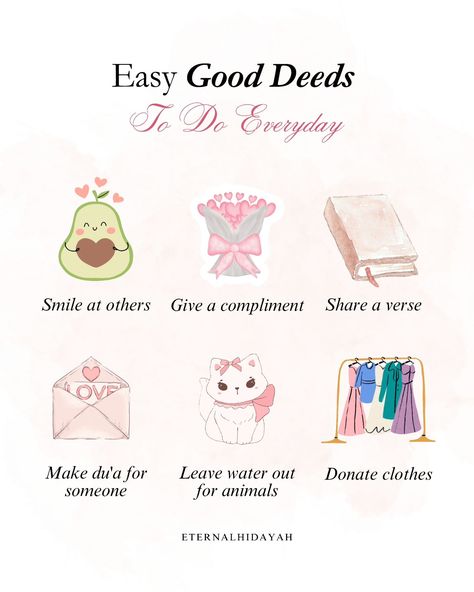 Easy good Deeds 🌷 #eternalhidayah #muslimgirl #muslim #muslimah #thatmuslimah #thatgirl #pinterestaesthetic #pink #instagram #explorepage #explore #fypage #fypシ #fyp #gooddeeds Good Deeds In Islam, Islamic Habits, Muslim Whispers, Quran Study, Quotes Indo, Ramadan Tips, Islamic Things, Islamic Wallpaper Iphone, Short Islamic Quotes