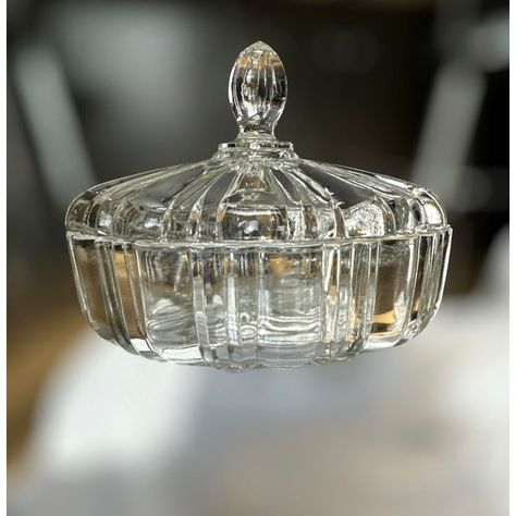 Excellent condition vintage clear pressed glass lidded dish.  This is a decorative lidded bowl that has multi-uses.  From candy to jewelry to spare change or as a catchall.  Whatever is inside it sits pretty with the beveled ribs and pointed crown that makes a perfect handle.   I use one on my bedside table and one on my island bar for treats! Another I know uses in her bathroom to drop her jewelry.  I enjoy that it is shallow and lidded while being decorative in it be bottom! The ribbed design Angel Baby Patterns, Antiques Value, Vintage Glassware Antiques, Her Bathroom, Asian Landscape, Vintage Dishware, Thrift Store Shopping, Green Glassware, Island Bar