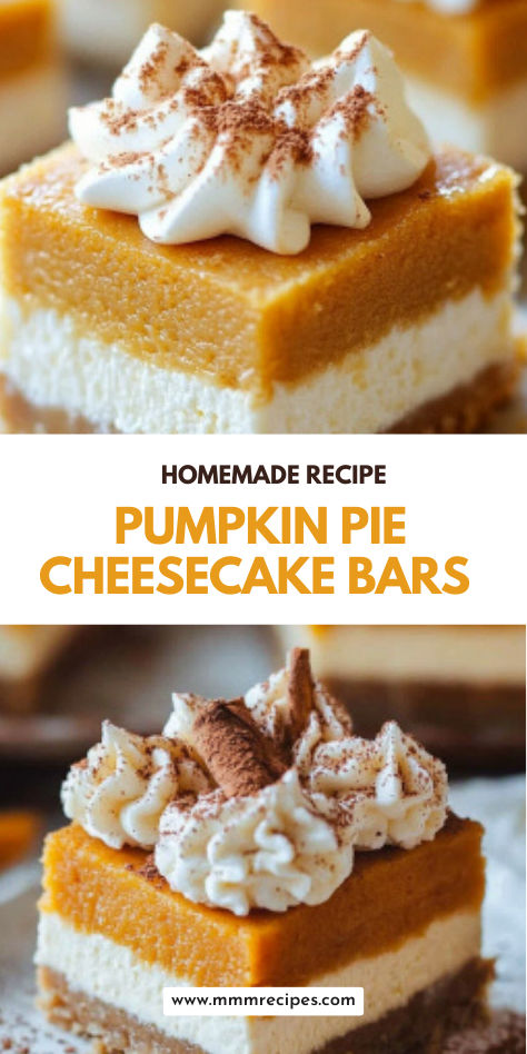 These Pumpkin Pie Cheesecake Bars are the ultimate fall dessert! With a rich pumpkin layer and creamy cheesecake filling on a buttery crust, each bar brings the best of autumn flavors to your Thanksgiving menu. Perfectly portioned for gatherings, these easy-to-make bars are sure to become a holiday favorite. Save this recipe for a Thanksgiving dessert everyone will love! Creamy Pumpkin Pie Bars, Pumpkin Churro Cheesecake Bars, What To Do With Pumpkin Pie Filling, Pumpkin Cheesecake Bars Easy, Pumpkin Pie Bars Easy, Easy Pumpkin Cheesecake Bars, Fall Dessert Bar, Fall Themed Desserts, Pumpkin Pie Cheesecake Bars