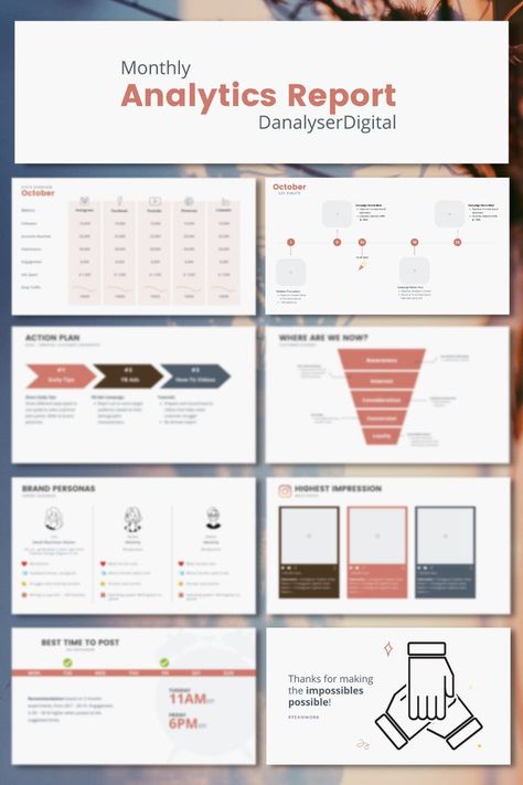 This is a CANVA presentation slides template designed for social media managers (smm) and digital marketing agencies to showcase monthly results and propose social media strategy to your clients. Save your time now with the ready-made template! #canvainfographics Social Media Analytics Report, Analytics Design, Newsletter Design Templates, Canva Presentation, Social Media Metrics, Free Social Media Templates, Marketing Proposal, Realtor Social Media, Marketing Presentation