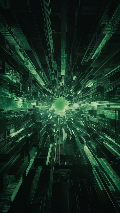 Dive into a mesmerizing digital landscape with our Matrix wallpaper. This vibrant fusion of flowing green and black patterns, inspired by Art Deco and abstract expressionism, features intricate geometric shapes and luminous circuits. Experience depth and infinity in a virtual universe, enhanced by glitch art elements. Perfect for tech enthusiasts and digital art lovers! #MatrixWallpaper #DigitalArt #CyberWorld #AbstractExpressionism The Matrix Wallpaper, Circuit Wallpaper, Green Cyberpunk, Matrix Wallpaper, Cyberpunk Wallpaper, Sci Fi Wallpaper, Glitch In The Matrix, Ios Ideas, Glitch Wallpaper