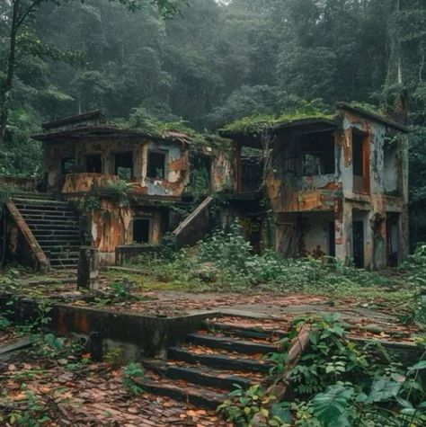 Overgrown Town Aesthetic, Cool Abandoned Places, Nature Reclaiming Abandoned Places, Abandoned Places Photoshoot, Abandoned Places Aesthetic, Abandoned World, Abandoned Ruins, Being Abandoned, Derelict Places