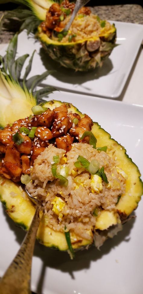 Stuffed Pineapple Bowls Chicken, Pineapple Chicken Bowl Recipe, Teriyaki Chicken Pineapple Rice Bowl, Pineapple Boats Recipes Teriyaki Chicken, Teriyaki Chicken In Pineapple Boats, Grilled Pineapple Bowl, Blackstone Grill Recipes Pineapple, Pineapple Chicken Boats, Hibachi Pineapple Bowl