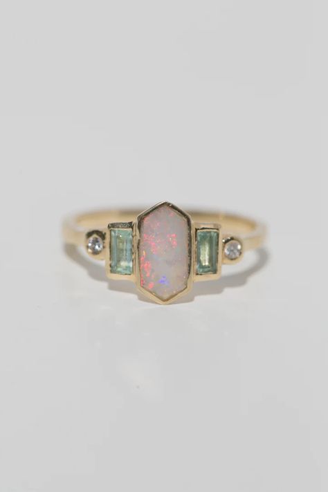 Opal Mirror Mirror – Dear Survivor Art Deco Opal Engagement Ring, Sapphic Wedding Rings, Hexagon Bezel Engagement Ring, Emerald And Opal Ring, Weird Engagement Rings, Hippie Engagement Ring, Gem Stone Engagement Rings, Interesting Engagement Rings, Funky Engagement Rings